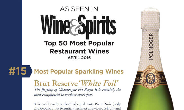 Champagne Pol Roger featured in Most Popular Restaurant Wines list